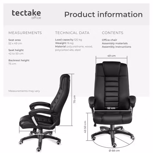 tectake Ergonomic Office Chair with Headrest and Armrests in Black Synthetic Leather – 3