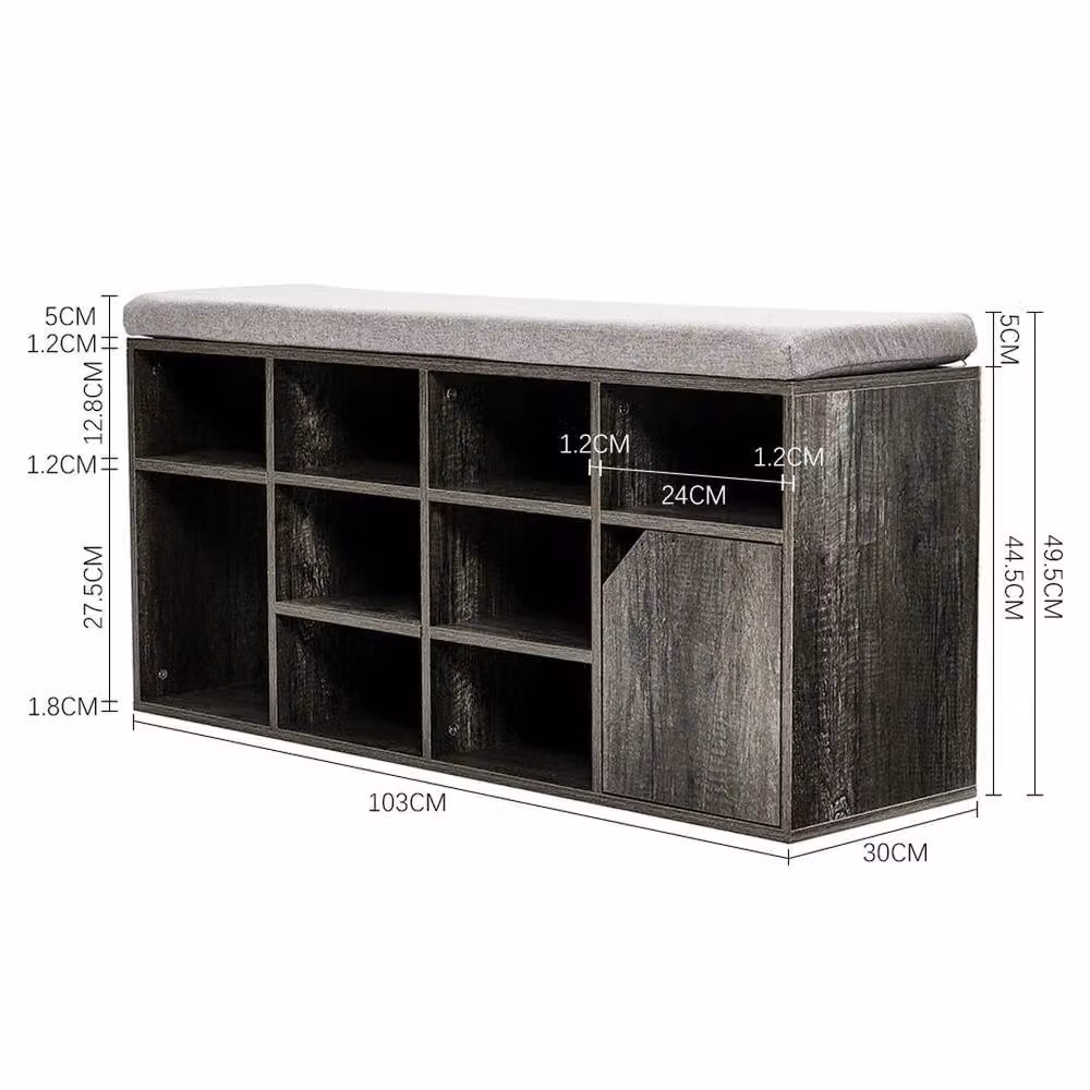 VOGREX Grey Padded Entryway Shoe Bench with Storage Shelf – 2