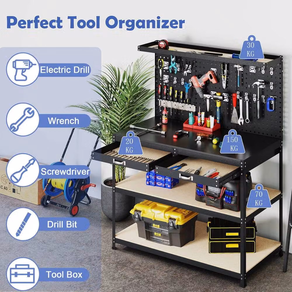 Gymax Metal Workbench with Large Pegboard and Shelves, Black, W: 121 cm, D: 61 cm – 3
