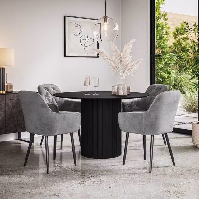 More4Homes Arlo Black Round Dining Table and Anika Grey Velvet Dining Chair Set of 4, W/D/H: 120 x 120 x 75 cm – 1