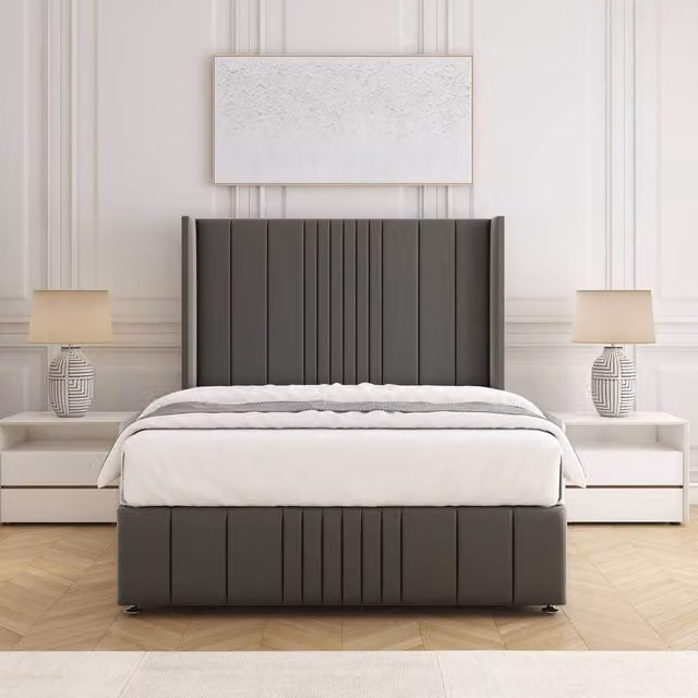 BSSPOKE Elise Plush Velvet Divan Bed Set with Headboard and Mattress, Grey, W/D/H: 180 x 200 cm