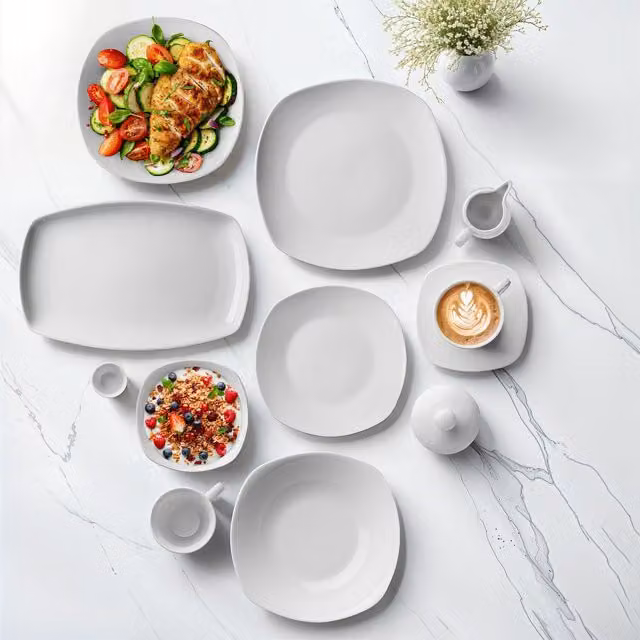 tectake 100-Piece White Porcelain Dinner Service Set for 12 People