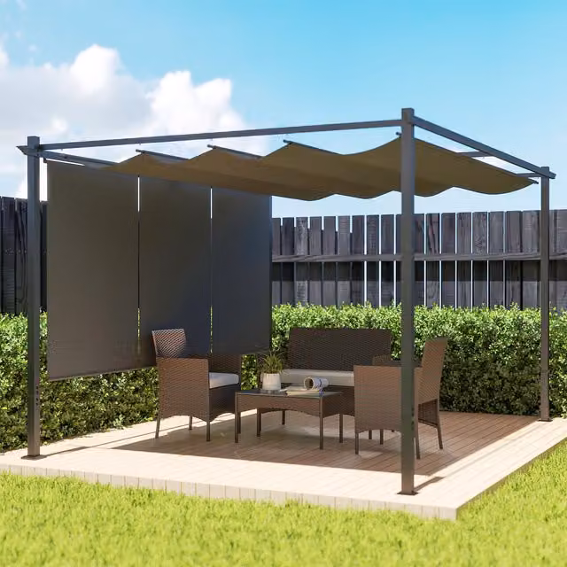 Outsunny Metal Pergola with Retractable Roof and Roller Shade, Grey, W: 4 m, D: 3 m