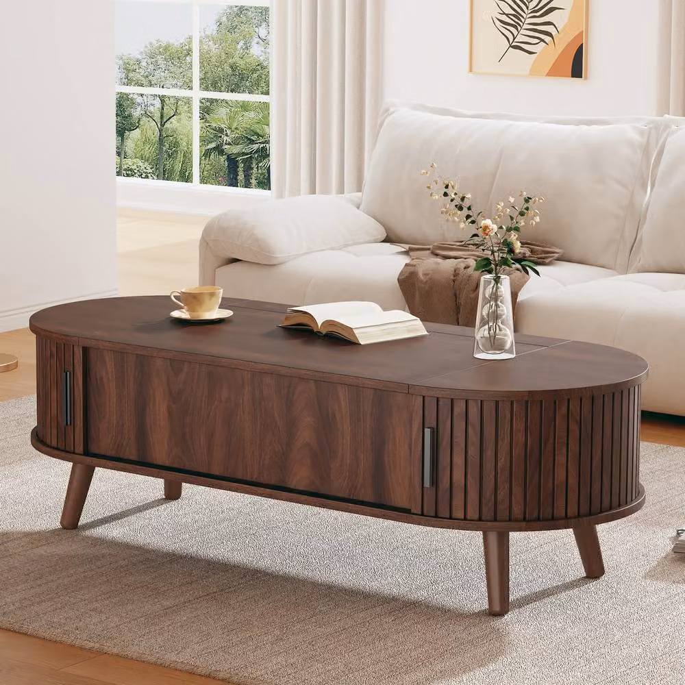 Rolipo Oval Lift Top Coffee Table in Brown with Hidden Storage and Height Adjustable Mechanism, W/D/H: 120 x 53.5 x 53.5 cm – 5