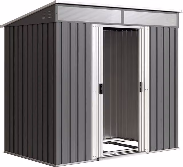 Outsunny Grey Metal Pent Garden Shed with Foundation and Lockable Sliding Doors, W/D/H: 184 x 122 x 181 cm – 1