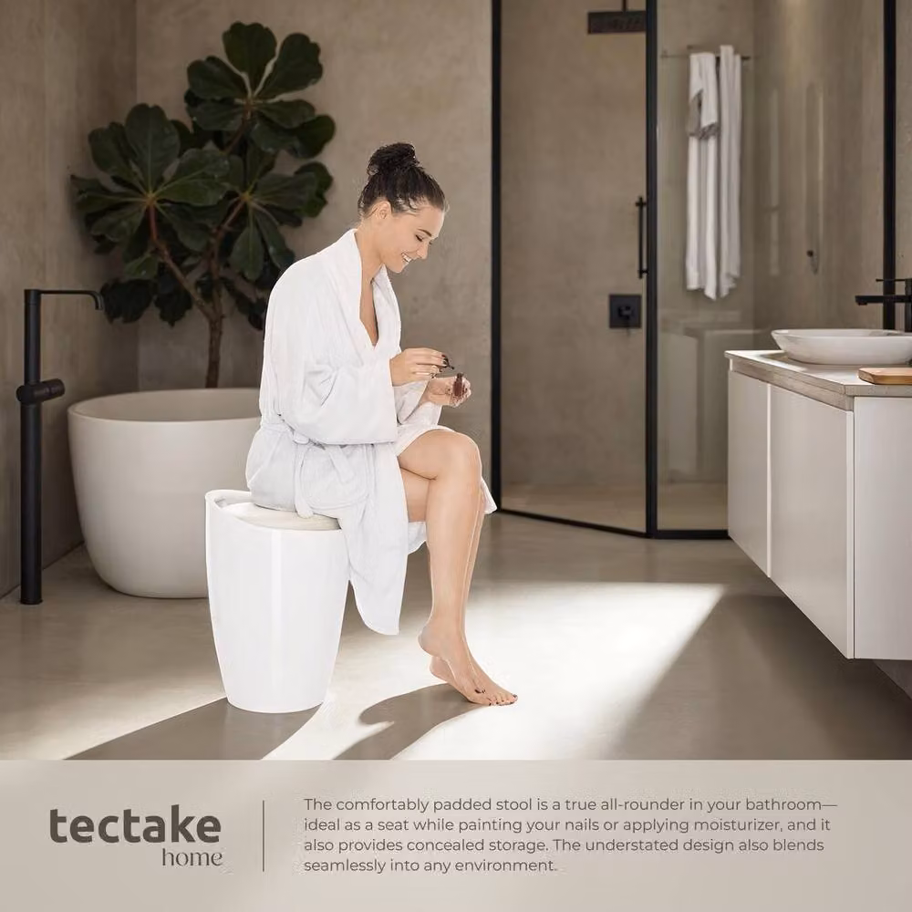 tectake White Bathroom Stool with Synthetic Leather Removable Cover – 3