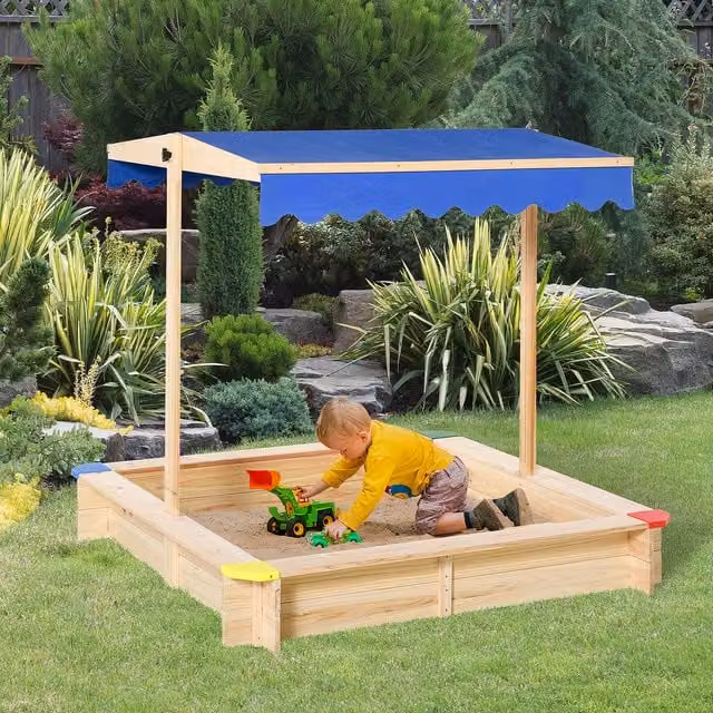 Outsunny Square Wooden Sand Pit with Canopy and Adjustable Seats in Blue