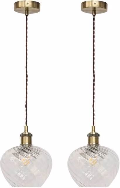 First Choice Lighting Bradson Set of 2 Retro Pendant Lights with Transparent Swirl Glass and Antique Brass Finish – 1