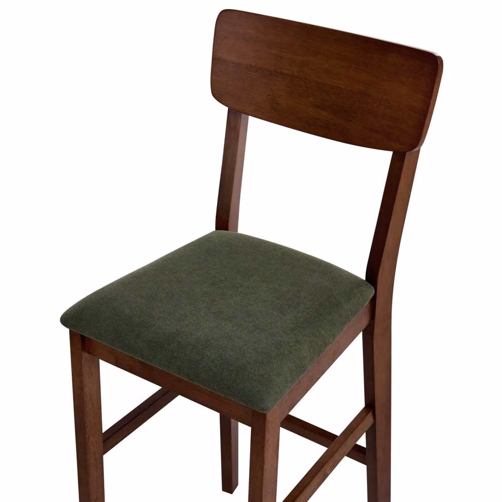 Wyld and Coco Set of 2 Walnut Rubberwood Bar Chairs with Dark Green Fabric Upholstery in Brown – 4