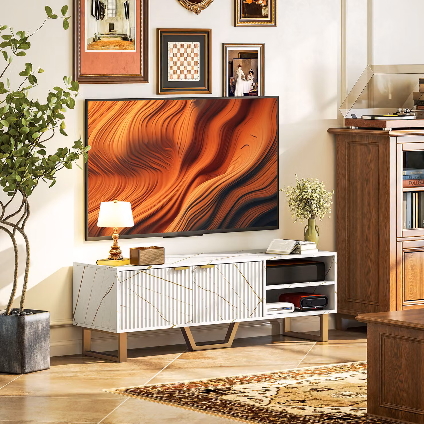 HOMCOM Modern Marble Effect TV Unit in White and Gold with Fluted Doors and Storage Shelves for TVs up to 70 inch – 2