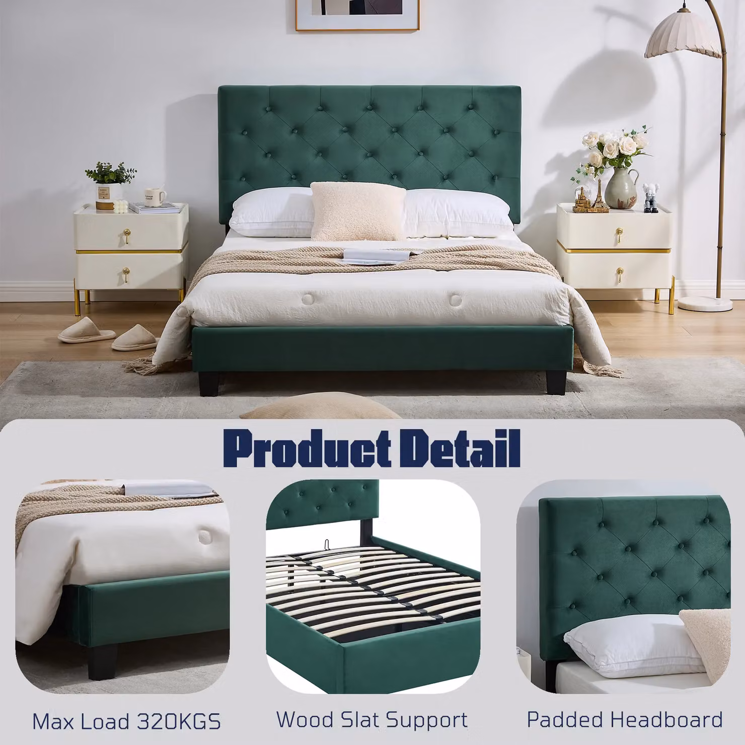 FURNITURE ONE Green Velvet Ottoman Storage Bed Frame with Adjustable Headboard, King Size (W/D/H: 180 x 200 cm) – 4