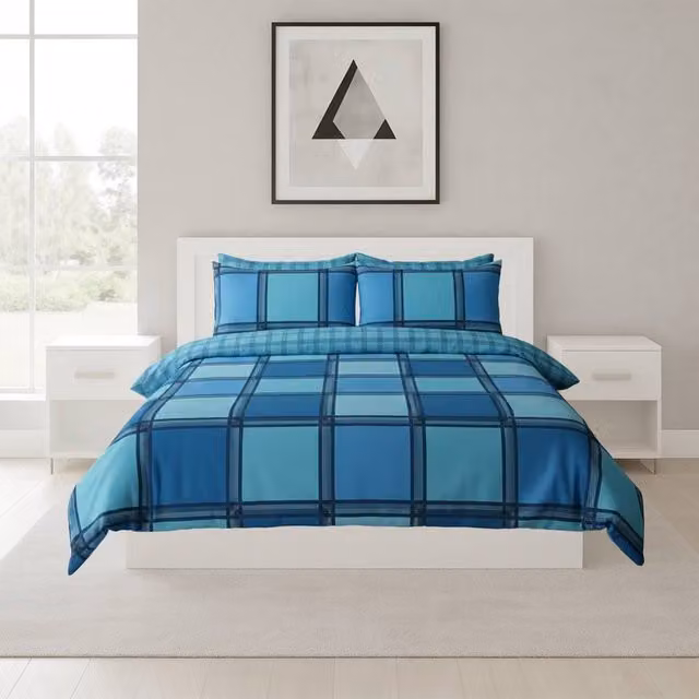 Snug City Contemporary Square Pattern Duvet Cover and Pillowcase Set in Petrol Blue, King Size (W: 180 cm, L: 200 cm)