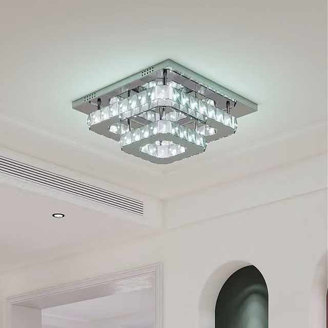 Komore Dimmable Square Glamorous Crystal LED Ceiling Light in Silver