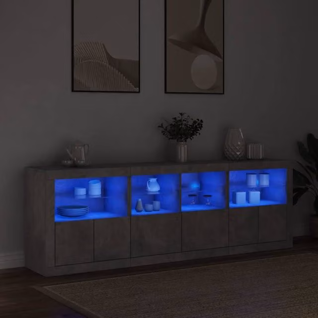 Berkfield Home Sideboard with Integrated LED Lights in Concrete Grey, W/D/H: 202 x 37 x 67 cm
