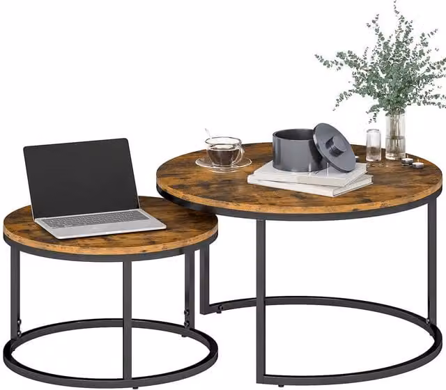 HOMCOM Set of 2 Round Nesting Coffee Tables with Metal Frame, Brown and Black, W/D/H: 78.5 x 78.5 x 46.5 cm – 1