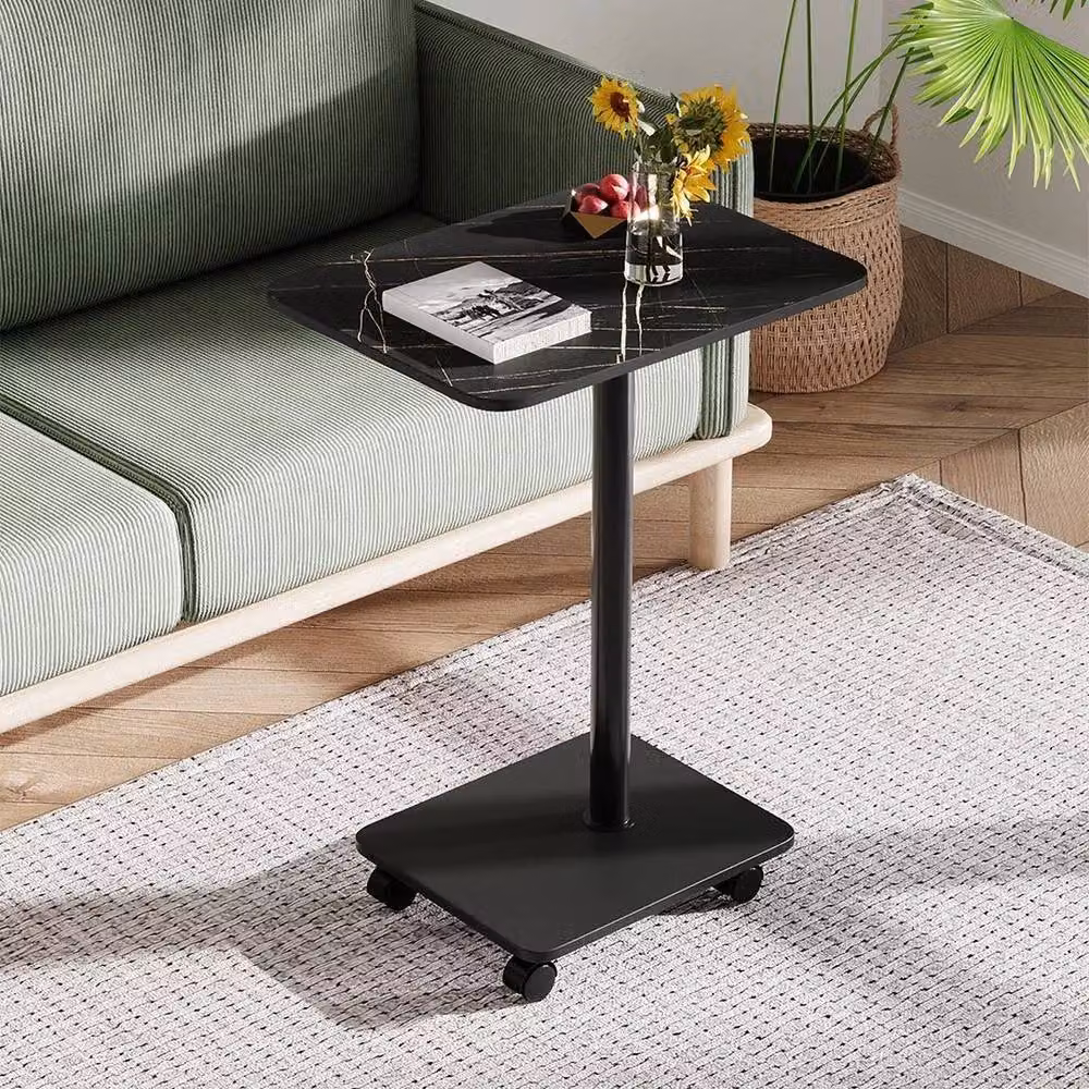 Kelvenix 2-Tier Mobile Side Table with Wheels in Black Marble Effect – 3