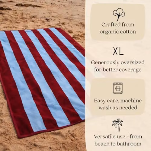 Misona Large Organic Cotton Striped Beach Towel in Red and Blue, W/D/H: 90 x 180 cm – 3