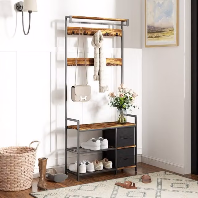 HOMCOM Hall Tree Coat Rack with Bench and Drawer in Rustic Brown