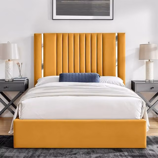 UK Bed Furniture Valencia Gas Lift Storage Upholstered Bed in Yellow Velvet, Size: Double (140 x 200 cm) – 1