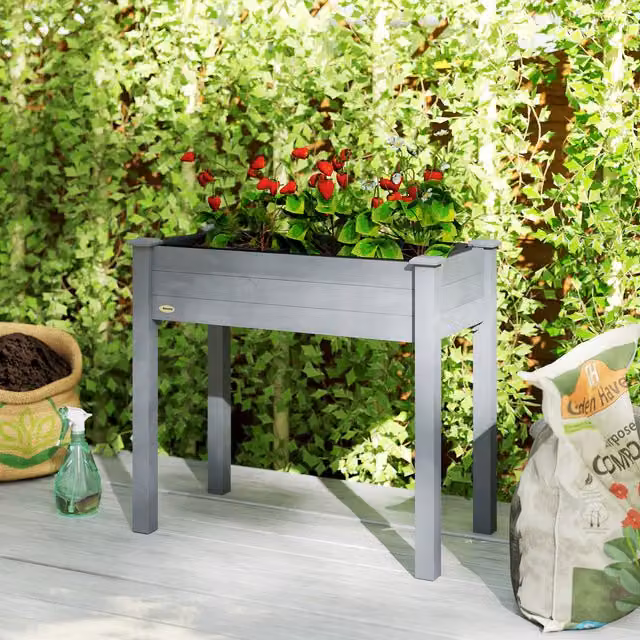 Outsunny Grey Wooden Raised Garden Bed Planter Container