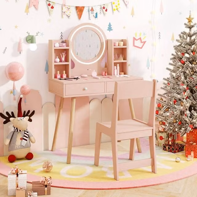 Costway Kids Wooden Vanity Set with LED Lighted Mirror in Light Pink
