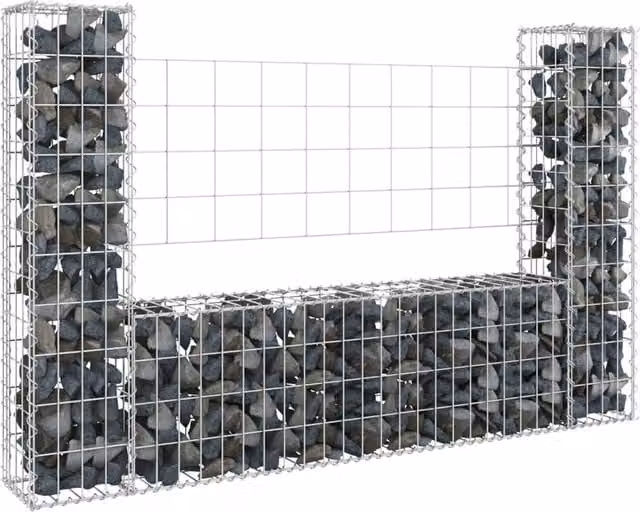 Berkfield Home U-shape Metal Gabion Basket with 2 Posts, Silver, W: 140 cm, D: 20 cm, H: 100 cm