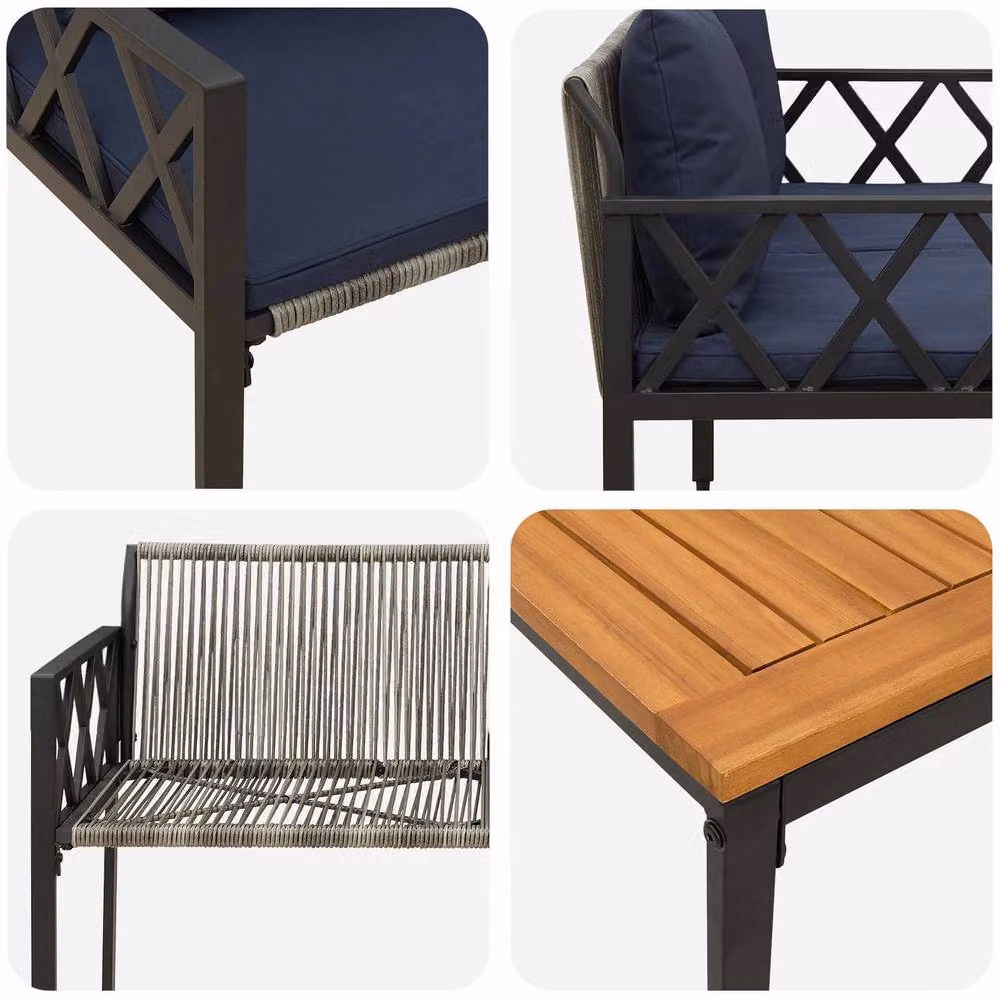 Berkfield Home 4-Piece Modern Outdoor Furniture Set in Grey and Blue with Acacia Wood and Poly Rattan – 4