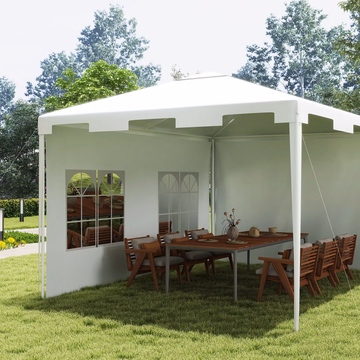 Outsunny White Hip Roof Garden Gazebo Party Tent with Steel Frame and Windows, W: 300 cm, D: 295 cm, H: 255 cm – 5