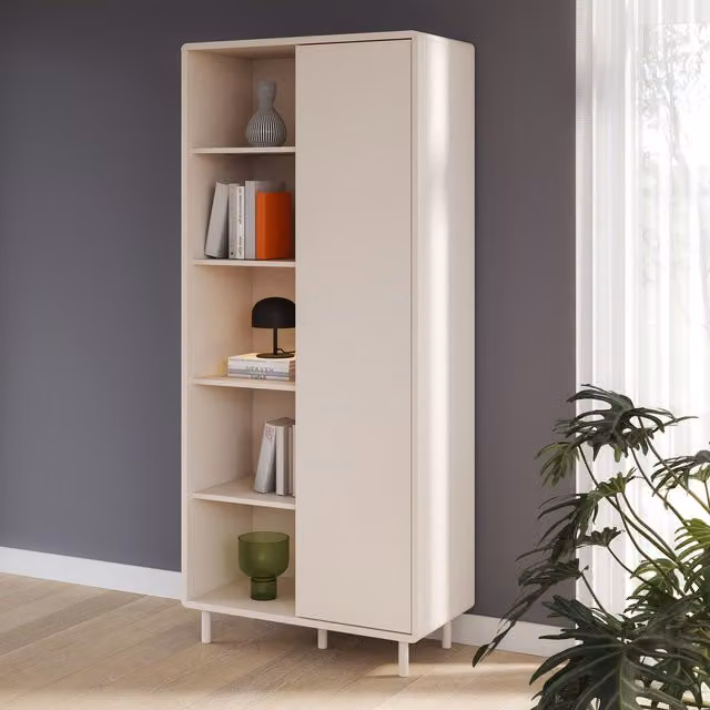 Furniture To Go Playly Tall Storage Cabinet with Hinged Doors and Open Shelving in Sand