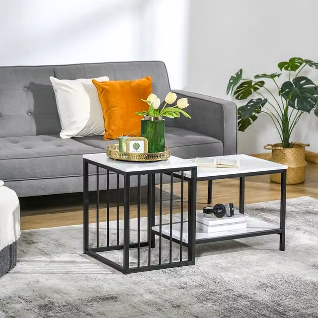HOMCOM Modern Set of Two Nesting Coffee Tables in White and Black