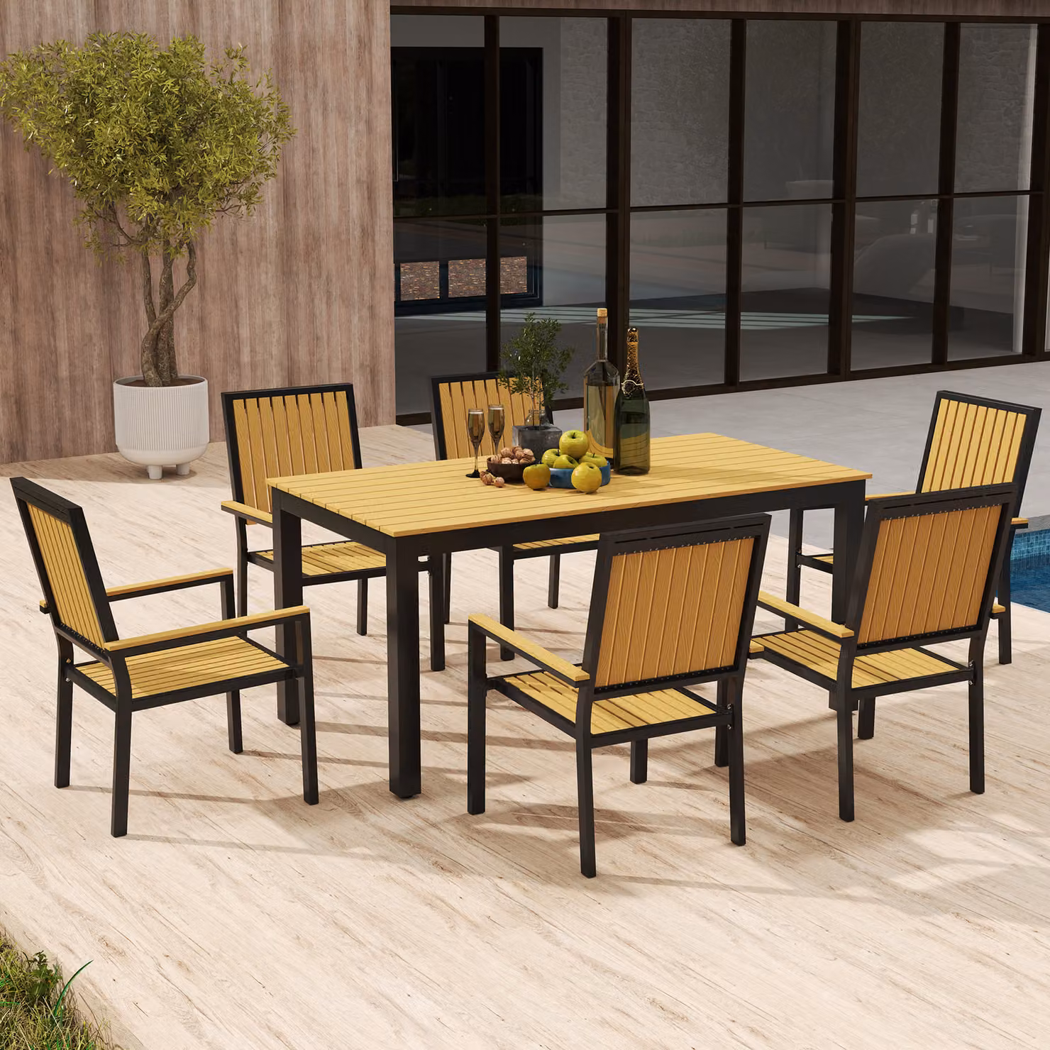 Outsunny 6 Seater Garden Dining Set with Rectangular Composite Table and Stackable Powder Coated Aluminium Chairs in Brown – 5