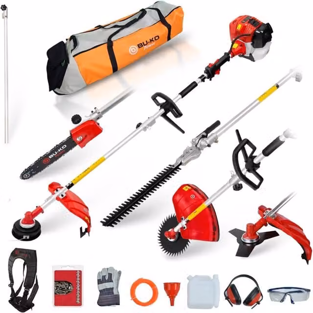 BU-KO 52cc Petrol Garden Multi Tool with Telescopic Pole, Strimmer, Hedge Trimmer, Pruner, Brush Cutter and Collection Bag in Red/Black