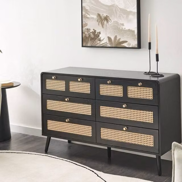Wyld and Coco Boho Black MDF Six Drawer Chest of Drawers with Rattan Fronts – 1