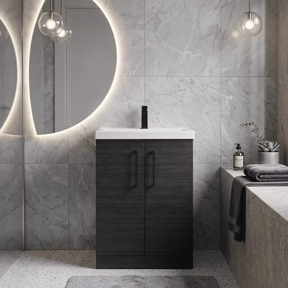 Balterley Modern Black Matt 2-Door Freestanding Bathroom Vanity Unit with Basin and LED Lighting, Width: 60 cm – 2