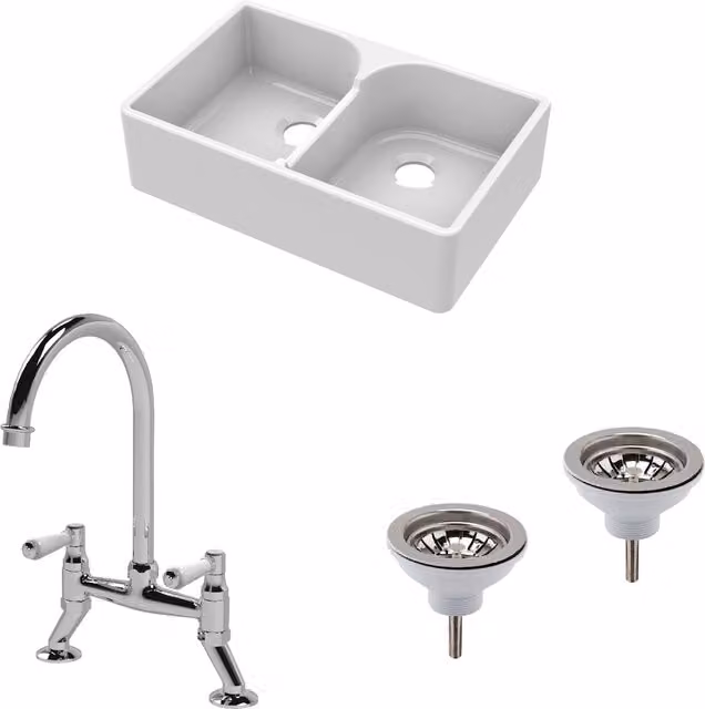 Balterley White Ceramic Fireclay 2 Bowl Stepped Weir Butler Sink with Wastes and Bridge Tap, W: 79.5 cm