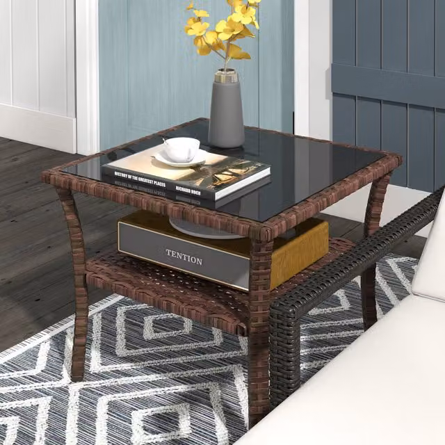 Outsunny Modern Two-tier Square Coffee Table in Brown PE Rattan with Glass and Metal