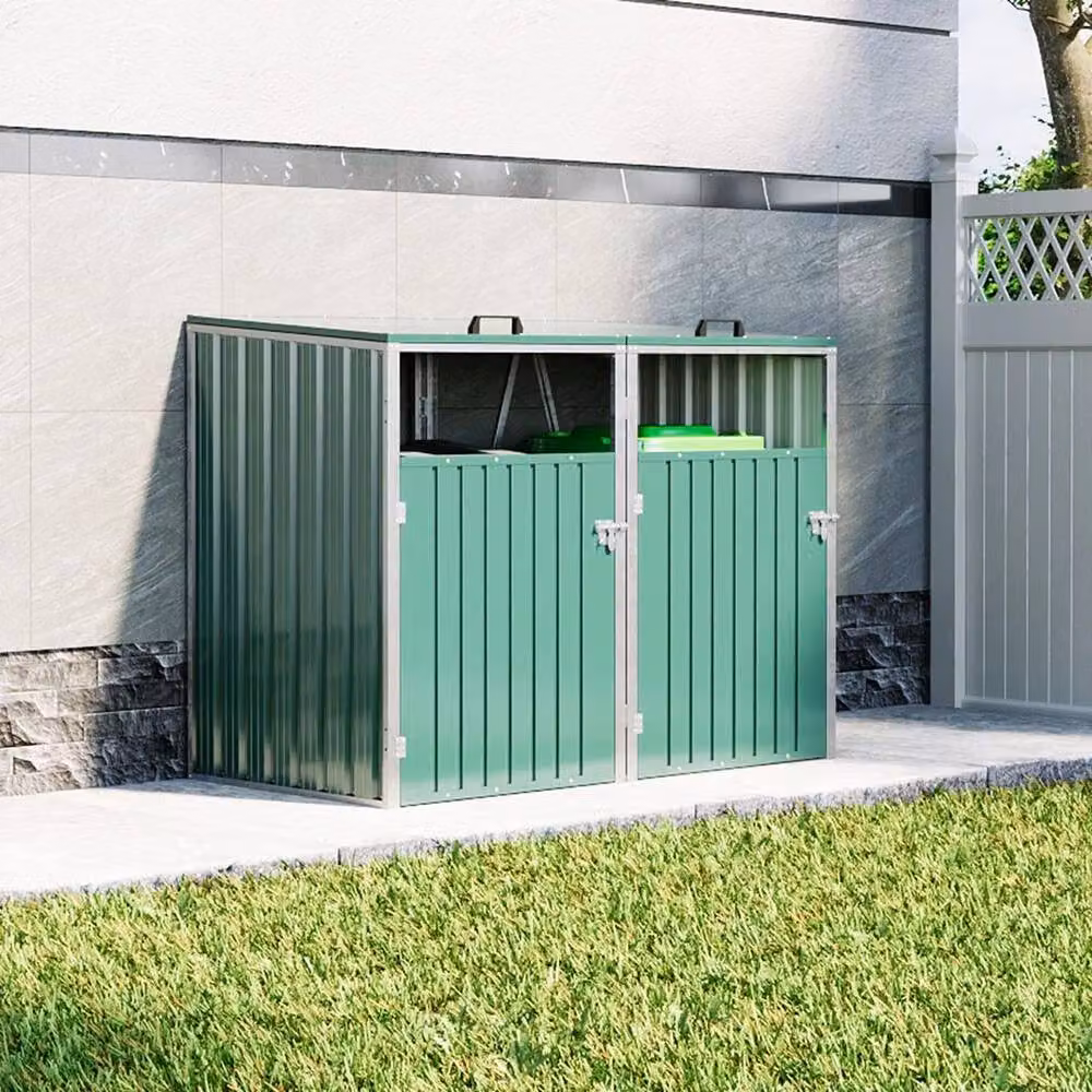 KORVIXA Galvanised Steel Double Bin Wheelie Bin Storage in Green – 4