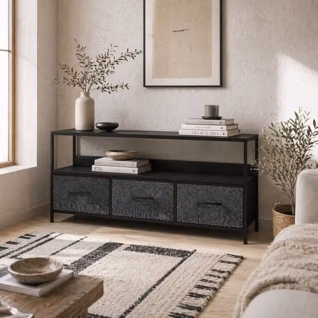 Wyld Haus Avanor Modern Black TV Storage Unit with 3 Fabric Drawers W/D/H: 120 x 29 x 56 cm – 1