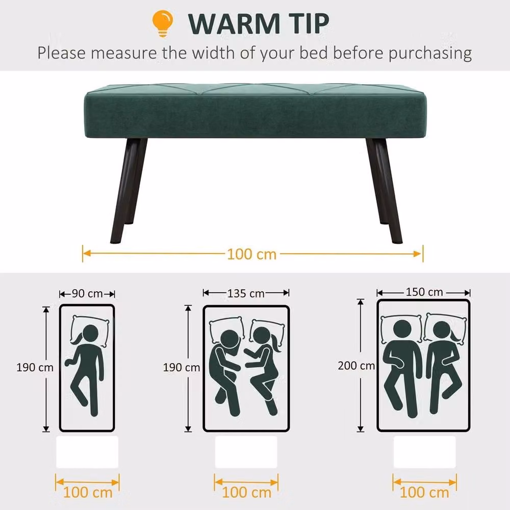 NESTLUNE Modern Upholstered Velvet End of Bed Bench in Green with Metal Legs, W: 100 cm, D: 50 cm – 4