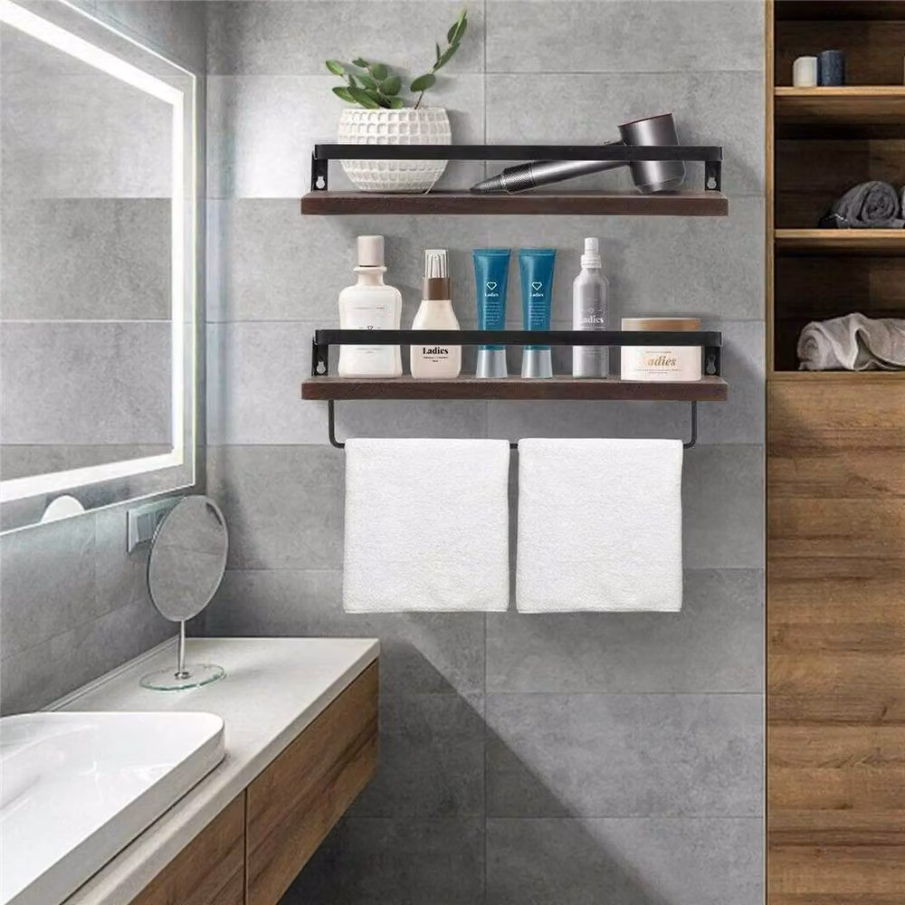 FORGEVIO Set of 2 Large Rustic Floating Wall Shelves in Black and Brown Pine Wood – 3