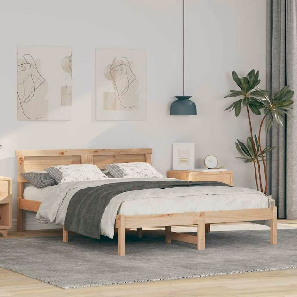 Berkfield Home Modern Pine Wood Bed with LED Strip Lights and Headboard, Light Brown, W: 135 cm, D: 190 cm, H: 73 cm – 2