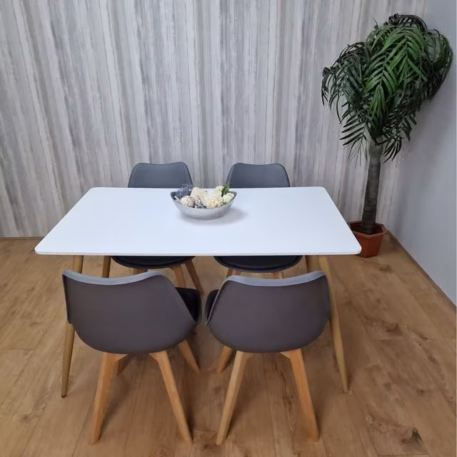 Kosy Koala Modern Rectangular White Dining Table and 4 Grey Chairs Set