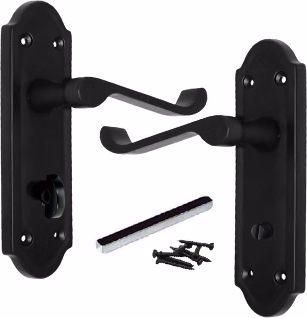 Ashford Bathroom Lock Scroll Lever Door Handle with Long Backplate Set in Matt Black