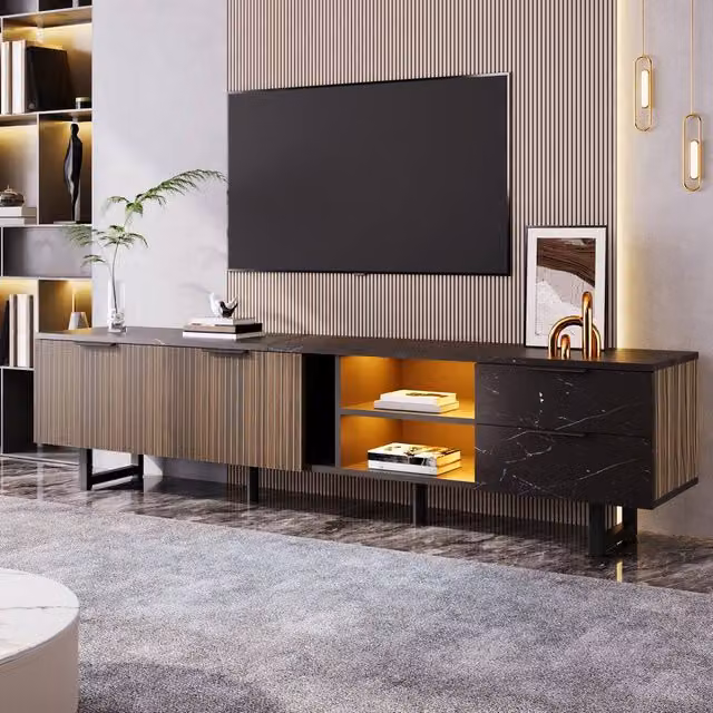 Merax Black Marble Effect TV Cabinet with Dark Wood Grain Doors and LED, W: 200 cm, D: 50 cm, H: 38 cm – 1