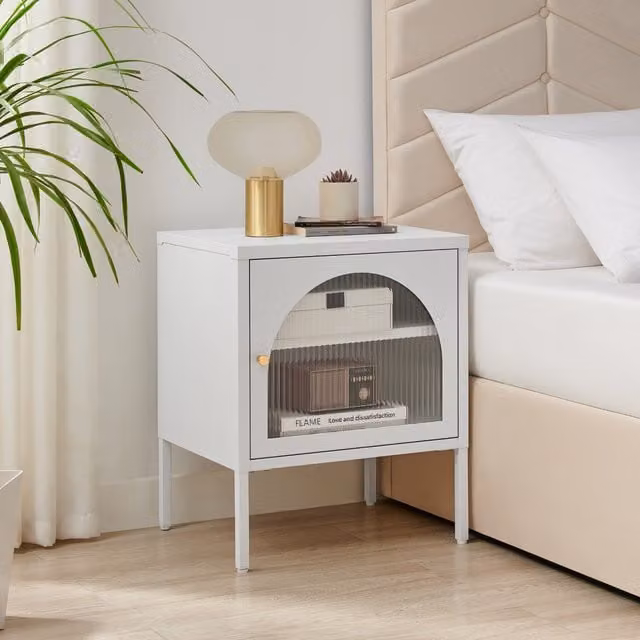 FurnitureboxUK Urbi Modern Industrial Metal and Glass Bedside Table in White and Gold