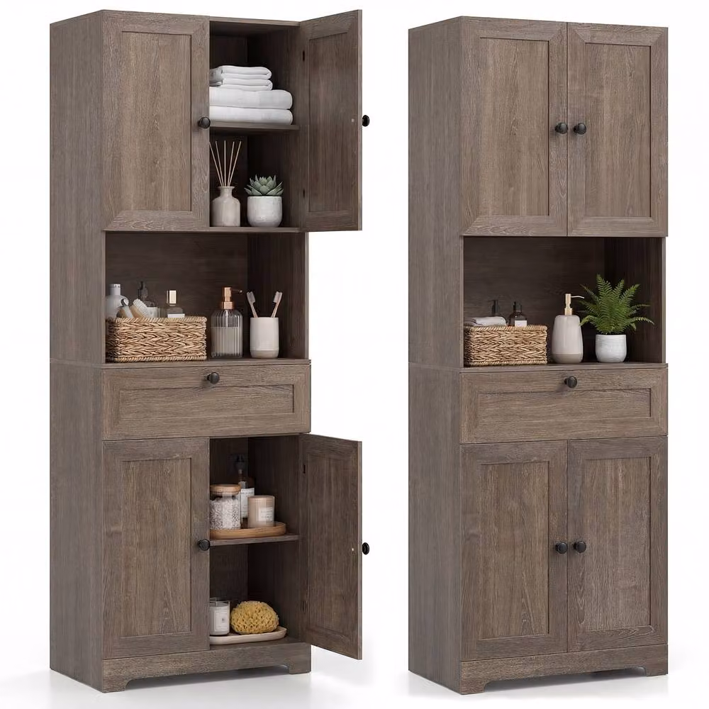 Costway Modern Grey Wooden Bathroom Cabinet with 4 Doors and 1 Drawer – 3