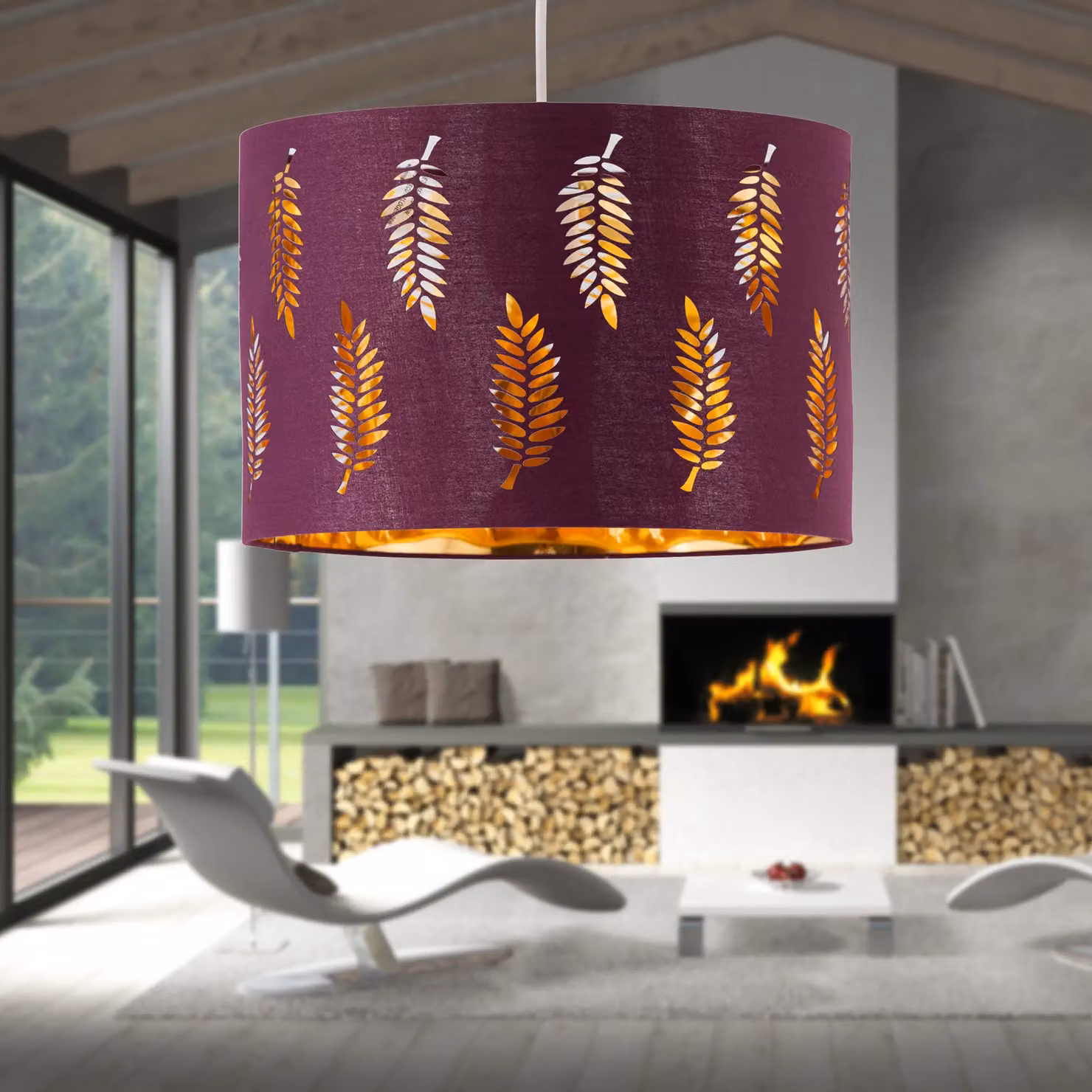 First Choice Lighting Set of 2 Fern Burgundy Cut Out Round Pendant Lightshades, Diameter: 30 cm – 3