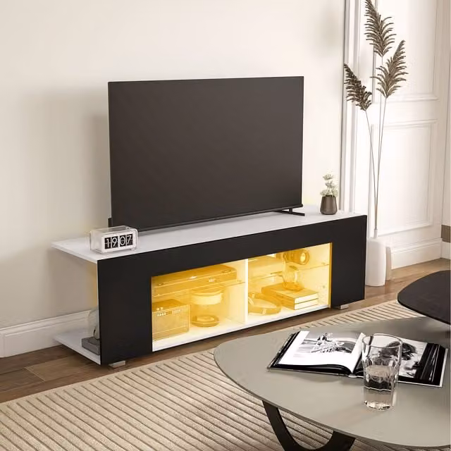 HOMCOM Modern Black TV Unit with Glass Shelves, Width: 145 cm