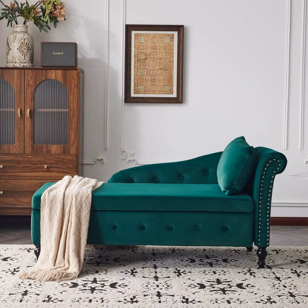 BTM Velvet Chaise Lounge with Storage and Pillow, Right Armrest, Green, W/D/H: 162.5 x 62 x 69 cm – 3