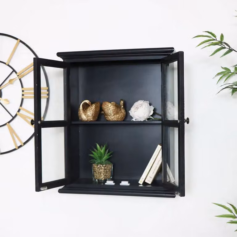 Melody Maison Rustic Black Wood and Glass Wall Mounted Cabinet with Glass Doors